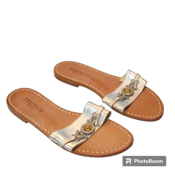 Positano Moda Shoes - Italian Handmade Positano Moda All Leather Slides Lion Medallion Silvery Vamp